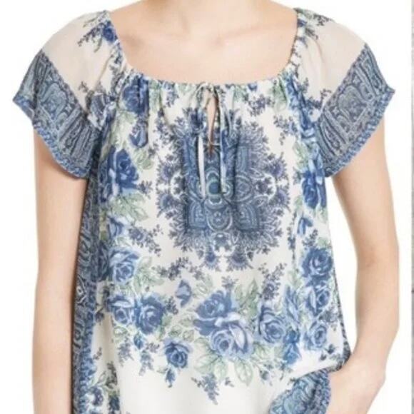 Joie Taj Delft Blue Floral Border Print Silk Flutter Sleeve Peasant Blouse SZ M - Picture 1 of 13